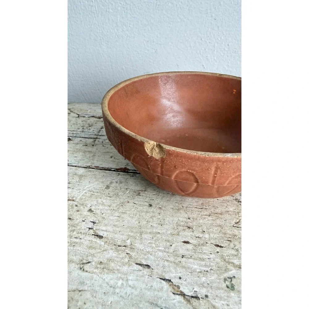 Vintage Oven Ware #5 Terracotta Mixing Bowl USA Embossed Geometric 6